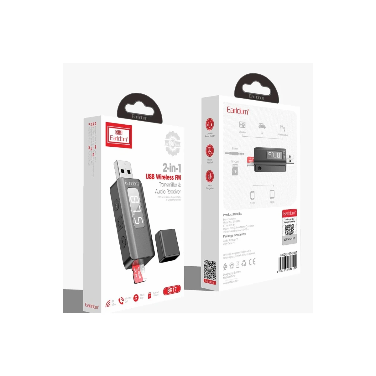 Earldom BR17 BT 5.3 SD Kart ve Aux Çıkışlı Arama Destekli Dijital Ekranlı 2in1 USB FM Transmitter - Siyah