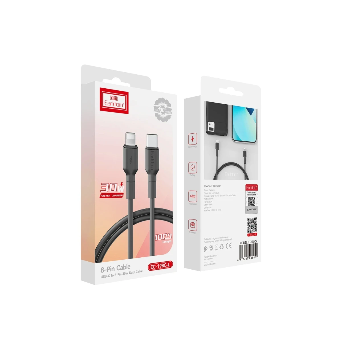 Earldom EC-198CL 1M 30W Type-C to Lightning PD Hızlı Şarj Kablosu - Siyah