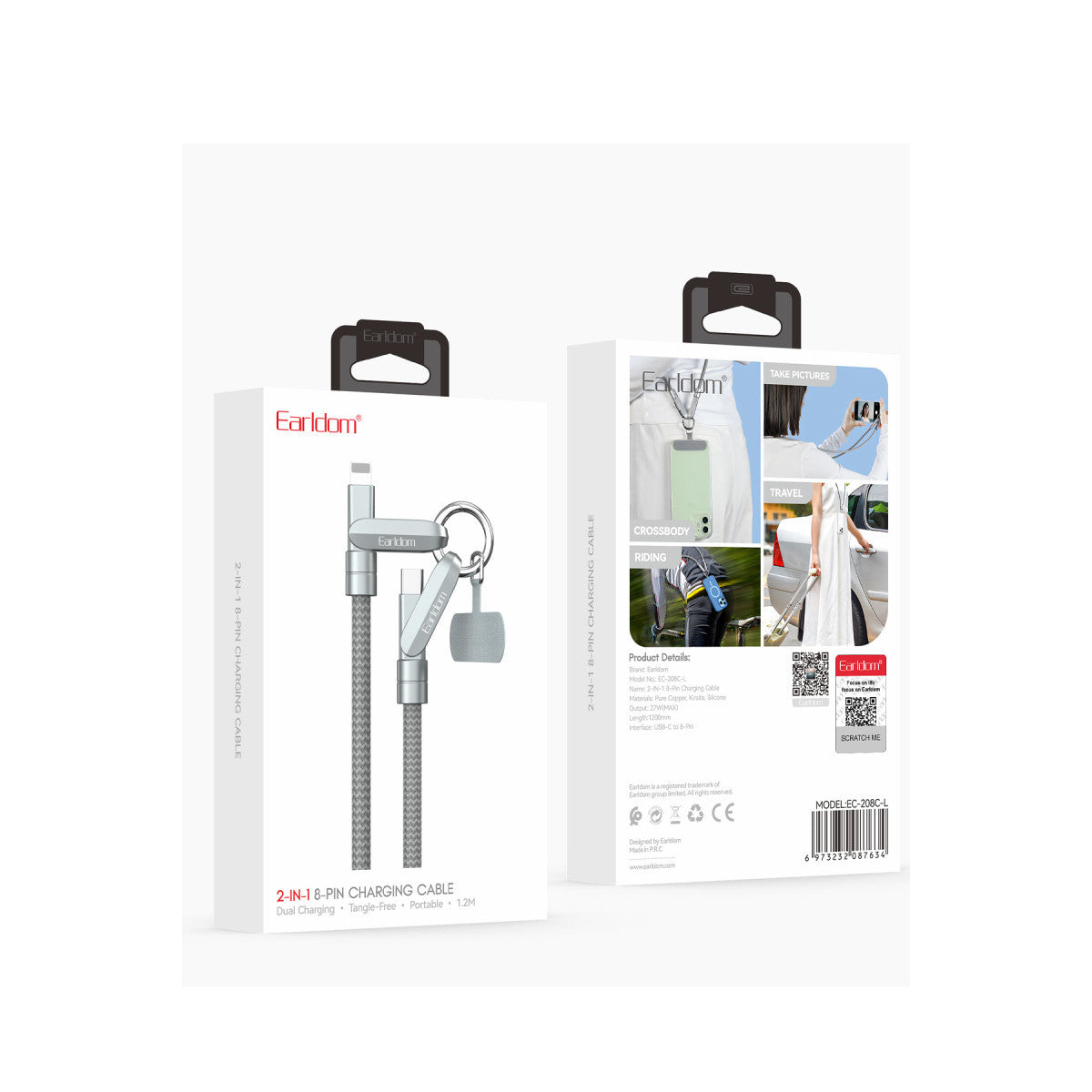 Earldom EC-208CL 1M 27W Type-C to Lightning Ekstra Boyun Askısına Dönüşme Özellikli PD Hızlı Şarj Kablosu