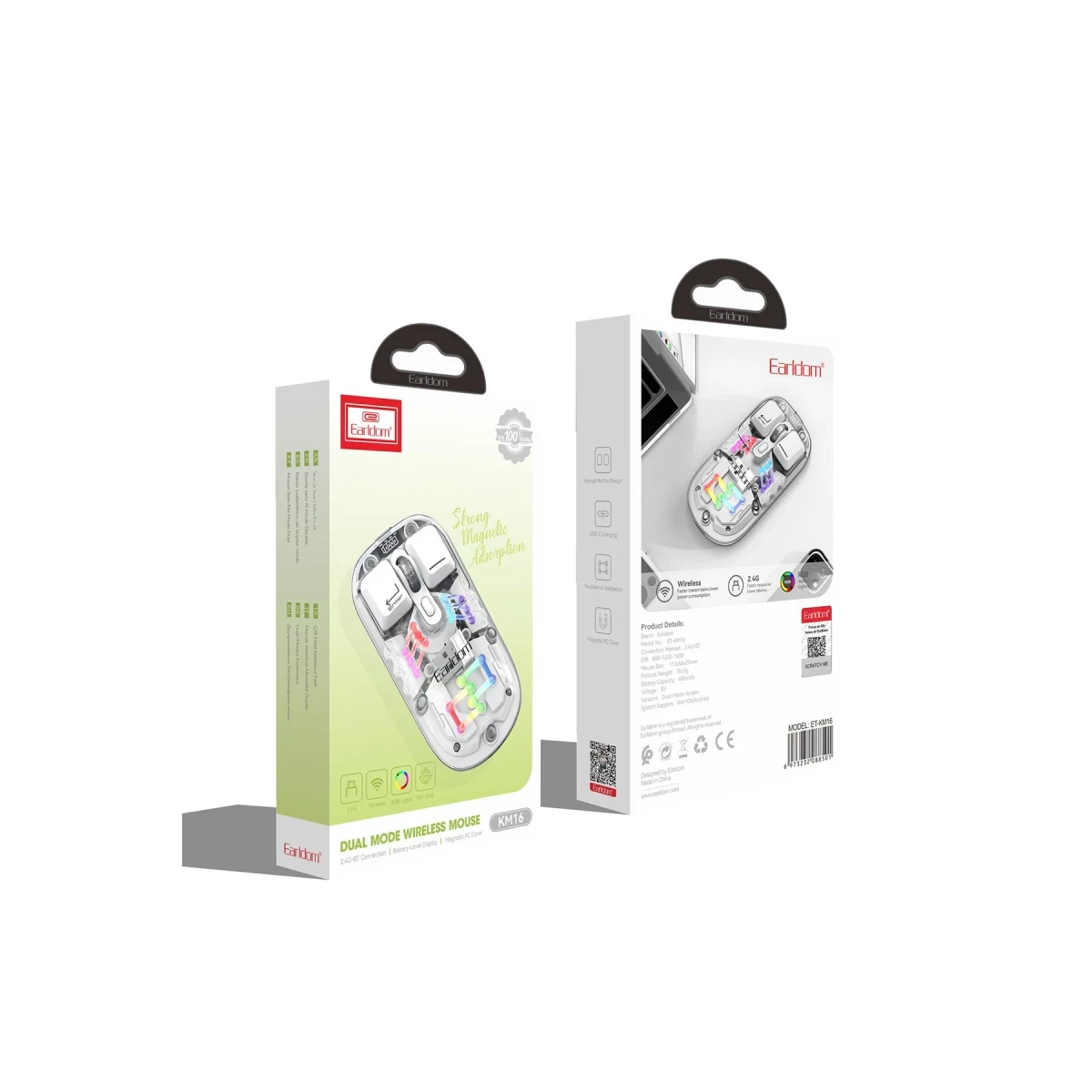 Earldom KM16 1600 DPI Sessiz Transparan Yapılı RGB Kablosuz Ofis Mouse - Beyaz