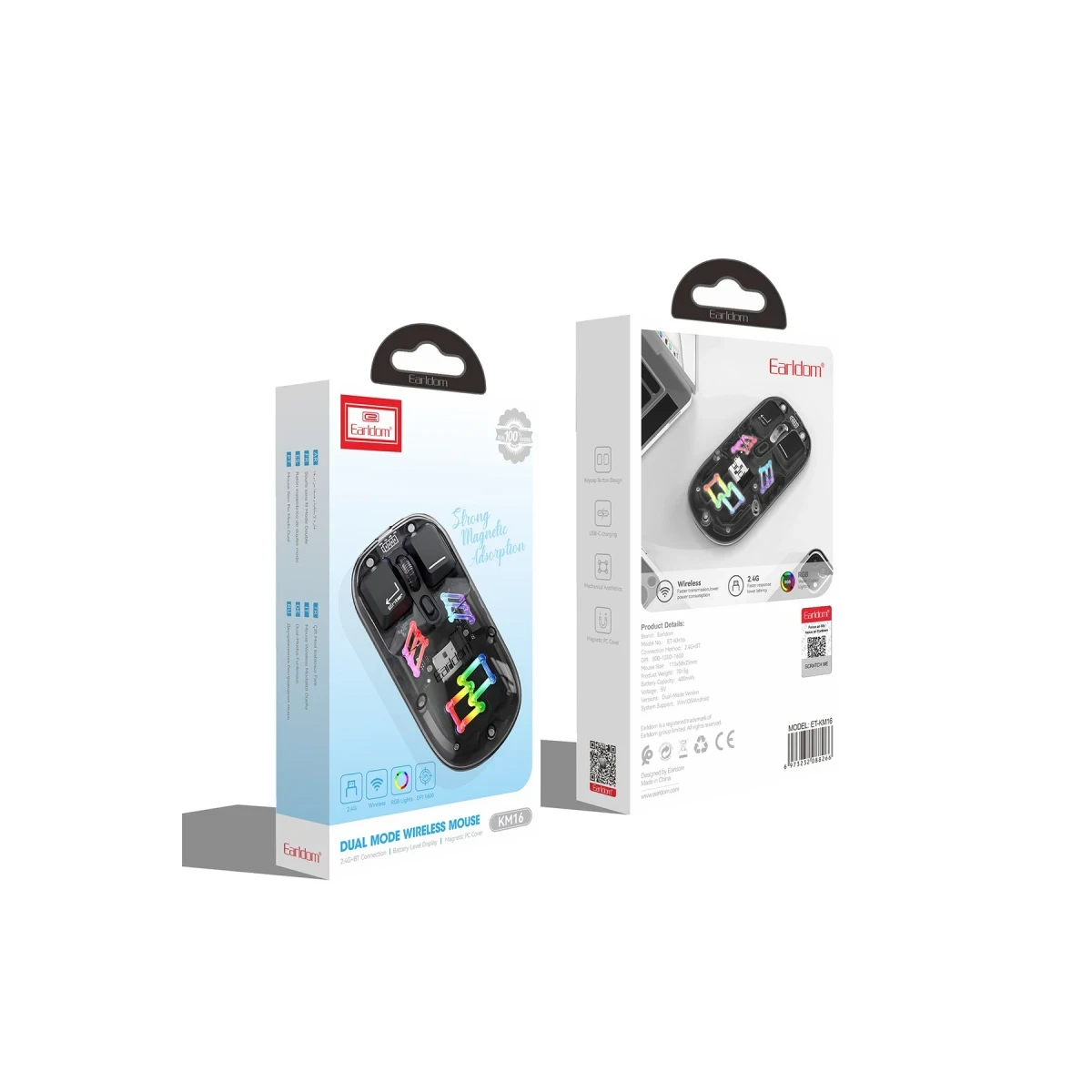 Earldom KM16 1600 DPI Sessiz Transparan Yapılı RGB Kablosuz Ofis Mouse - Siyah