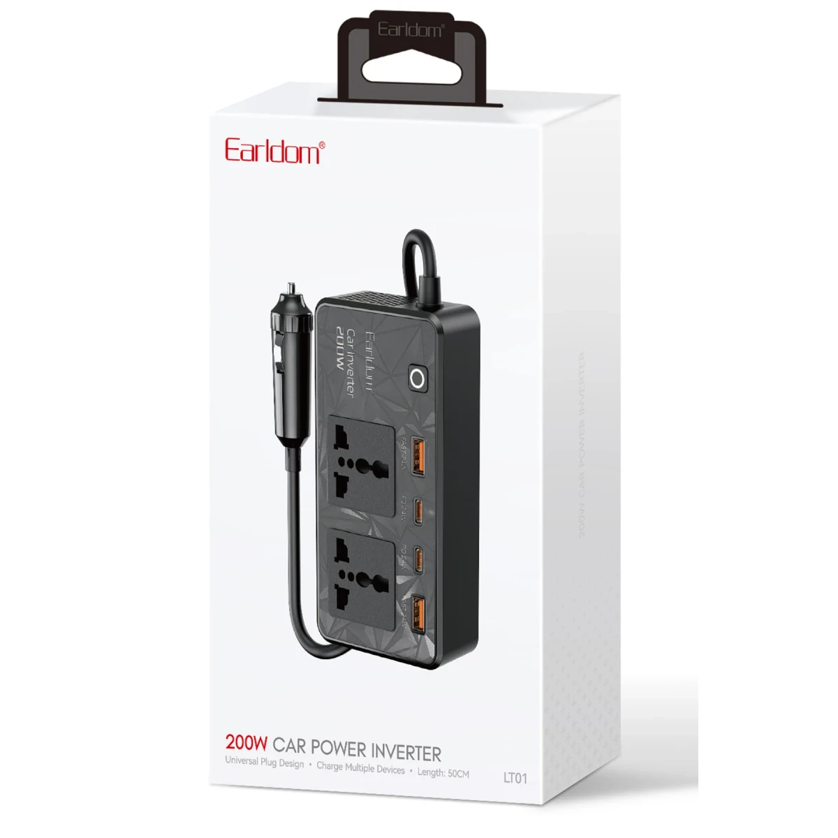 Earldom LT01 200W AC 220V Çıkışlı PD Destekli 4 Portlu Araç İçi Güç Dönüştürücü - Siyah