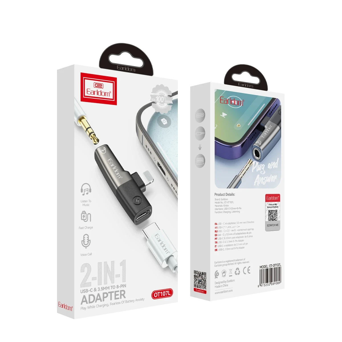 Earldom OT107L Lightning to 3.5mm ve Lightning Çıkış Dönüştürücü - Siyah