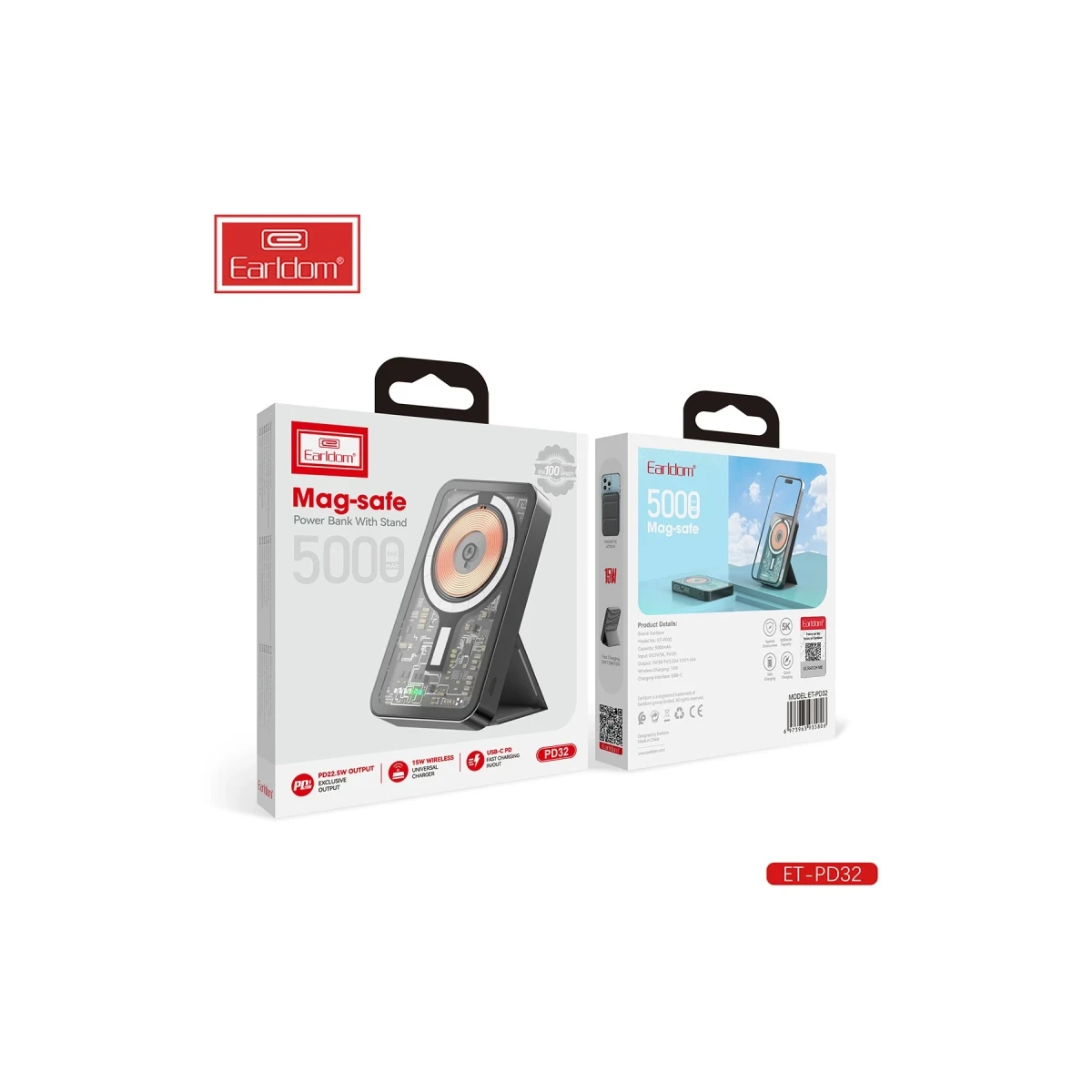Earldom PD32 5.000 mAh 22.5W Kablosuz Şarjlı Standlı PD Hızlı Şarj Powerbank - Siyah