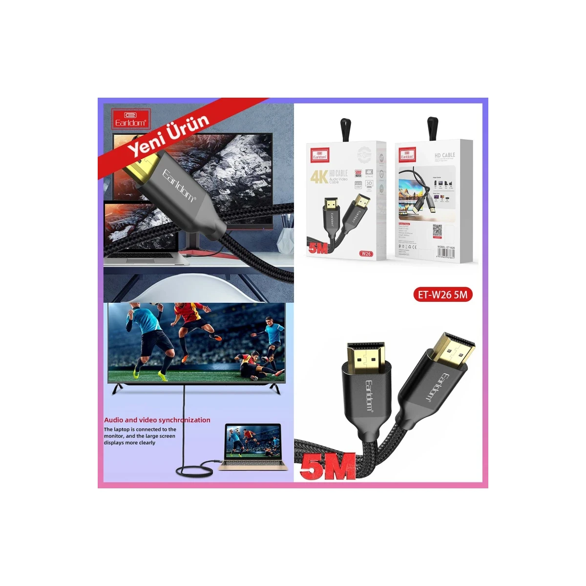 Earldom W26 5M 4K Altın Uçlu Hasır HDMI Kablo - Siyah