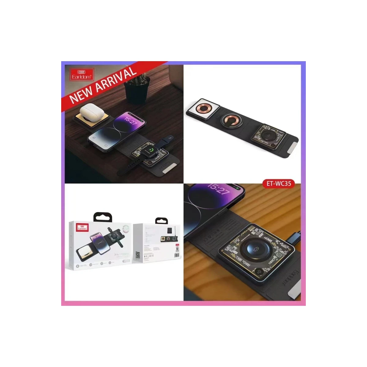 Earldom WC35 3in1 15W Magsafe Katlanabilir Masaüstü Kablosuz Şarj Standı - Siyah