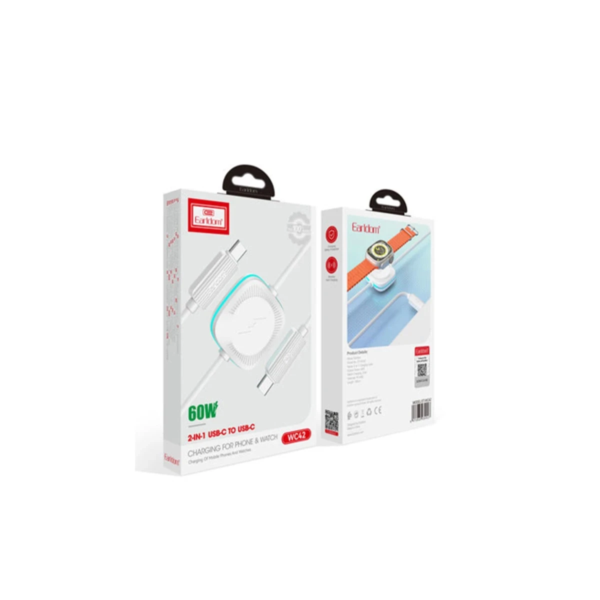 Earldom WC42 1.2M 60W Type-C to Type-C ve 2.5W Kablosuz Saat Şarj Çıkışlı 2in1 PD Hızlı Şarj Kablosu - Beyaz