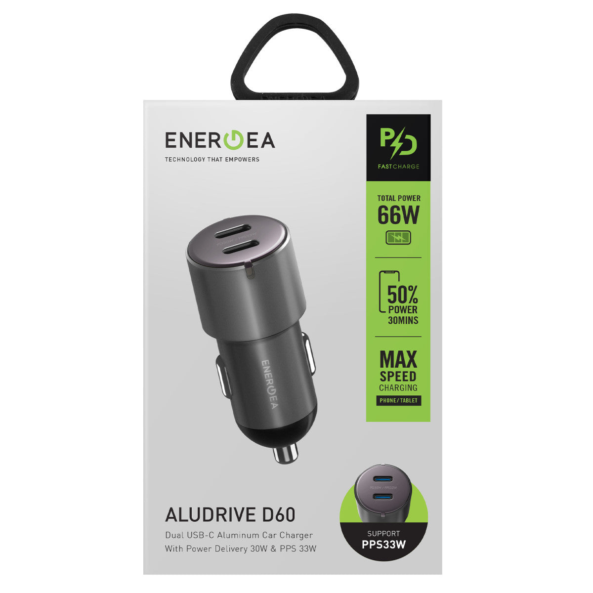 Energea AluDrive D60 66W 2 Adet 33W Type-C Çıkışlı Alüminyum Araç İçi Şarj Aleti