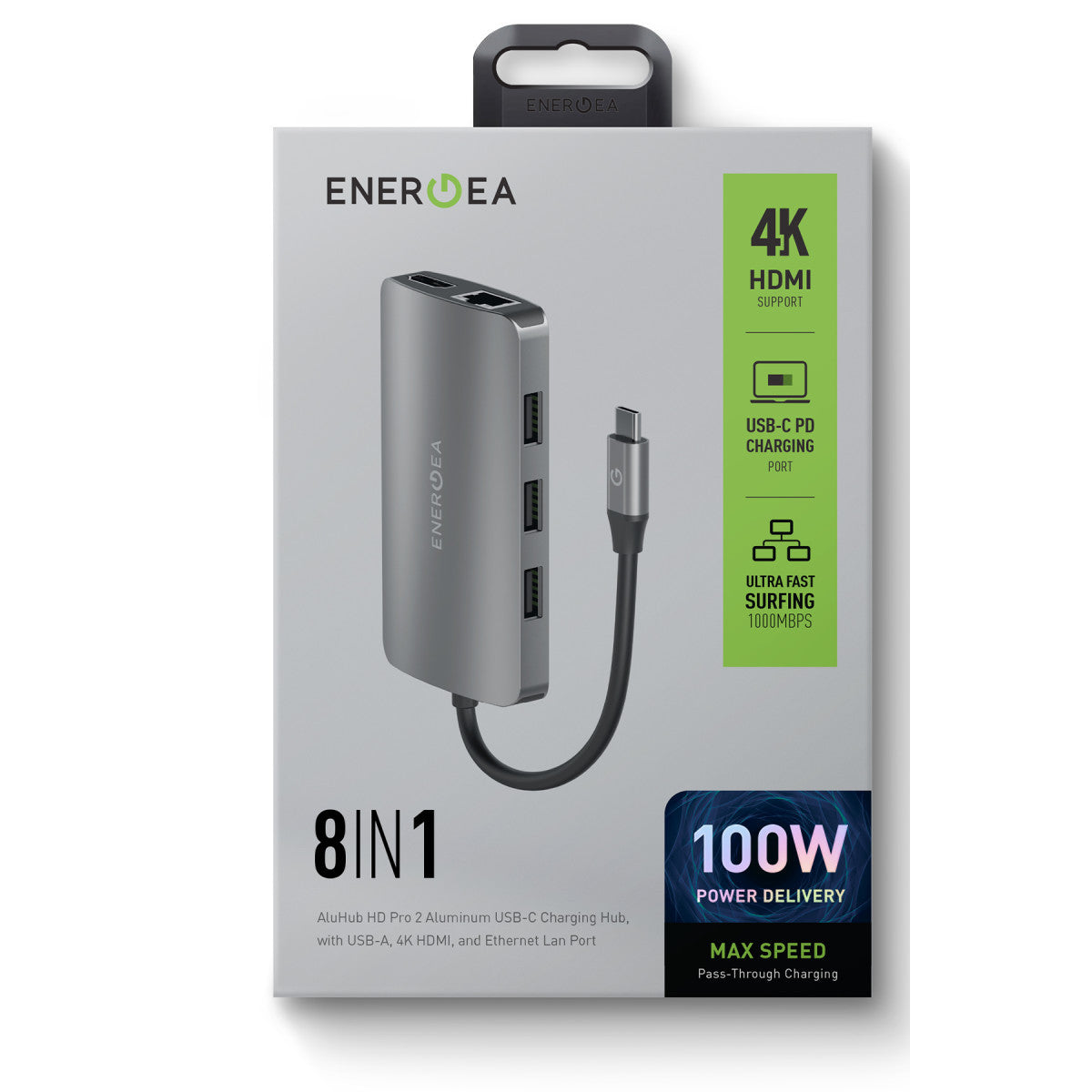 Energea AluHub HD Pro 2 100W Type-C PD Şarj Destekli 8in1 4K Hub Dönüştürücü