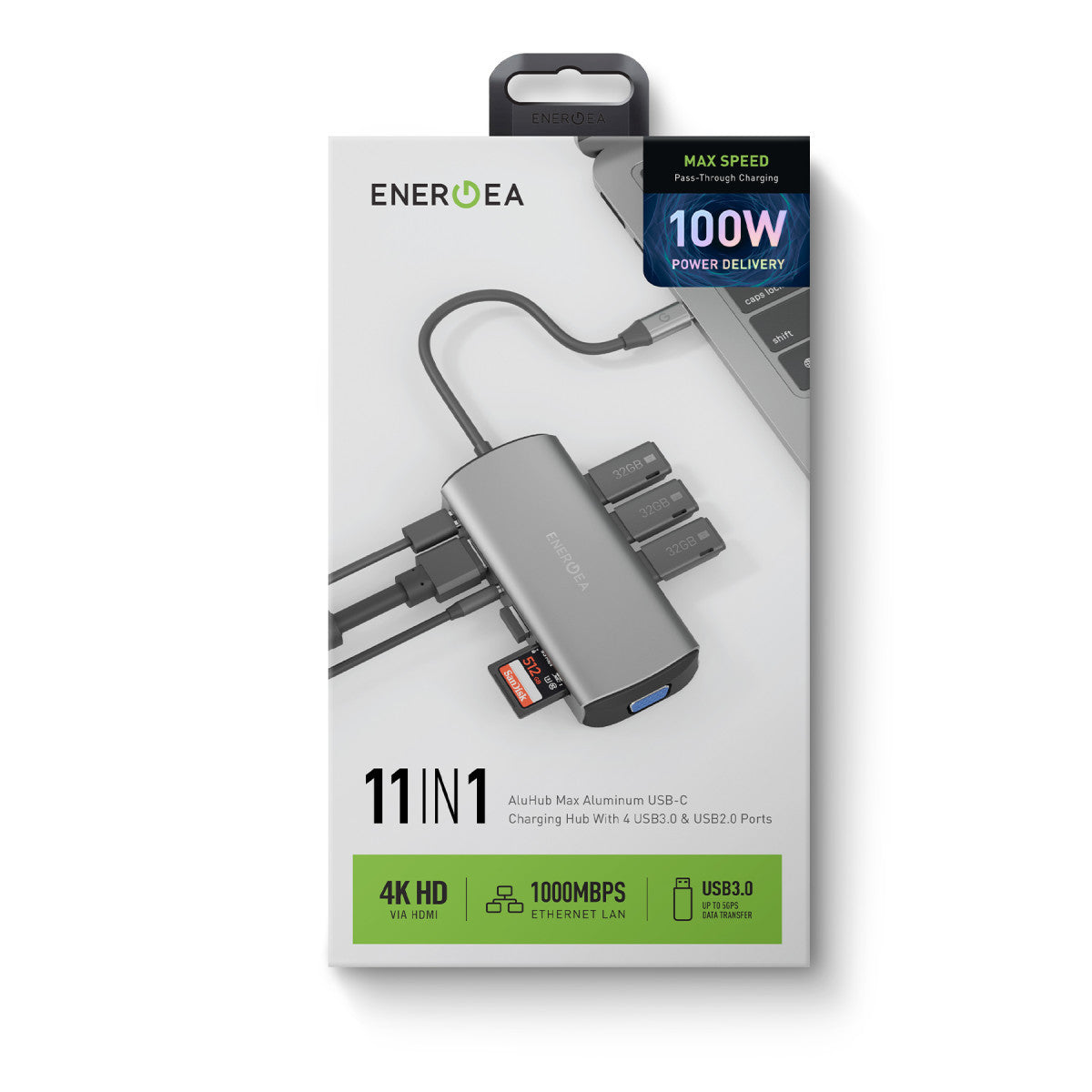 Energea AluHub Max 100W Type-C PD Şarj Destekli 11in1 4K Hub Dönüştürücü
