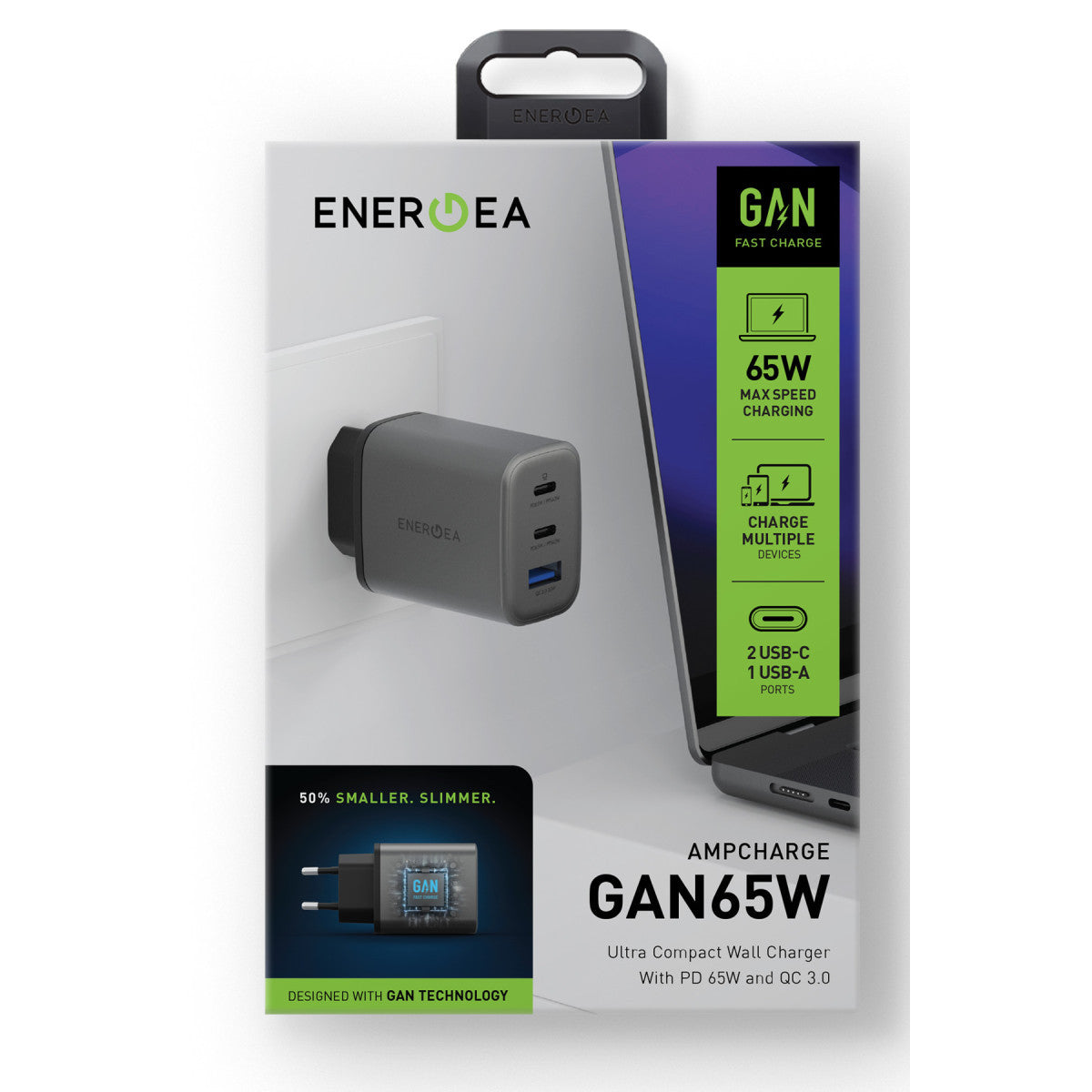 Energea AmpCharge GaN65 2 Adet 65W Type-C ve 30W USB 3.0 Çıkışlı Hızlı Şarj Aleti