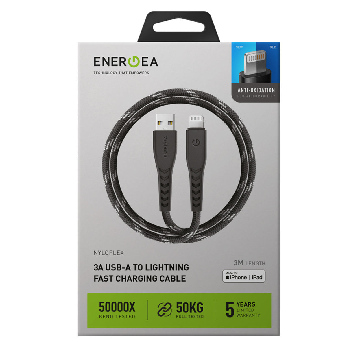 Energea C89 NyloFlex 3M 3A USB to Lightning Hızlı Şarj Kablo