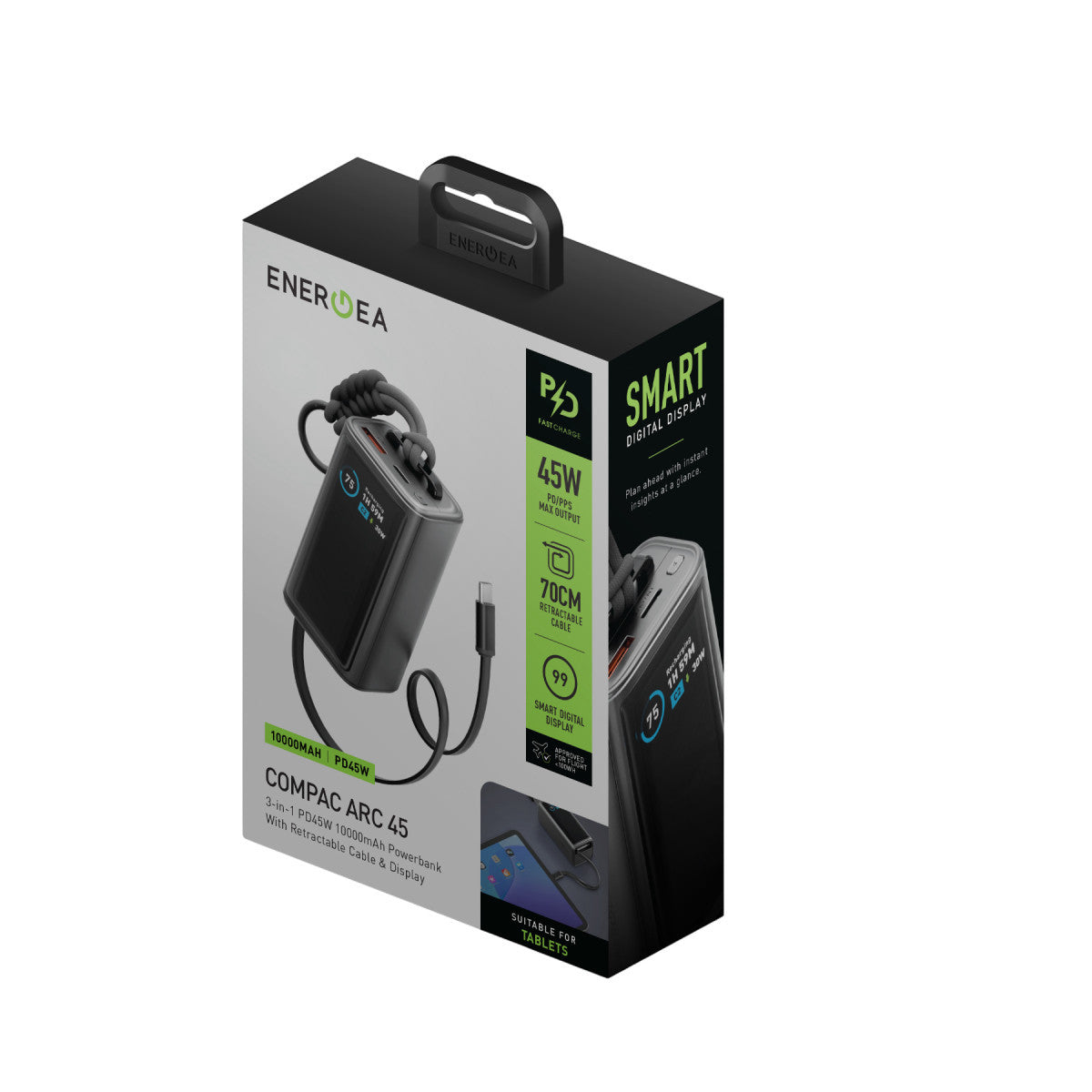 Energea ComPac Arc 45 Dijital Göstergeli 10.000 mAh Dahili Type-C Kablolu 45W Şarj Çıkışlı PD Hızlı Şarj Powerbank