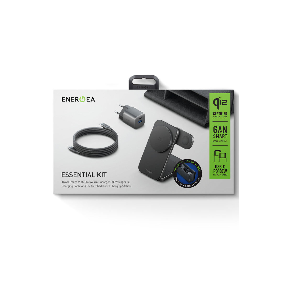 Energea Essential Kit AmpCharge GaN 35W Adaptör Magtrio Plus 3in1 Kablosuz Şarj Standı ve 100W Type-C to Type-C Manyetik Kablolu Set Travel Çanta