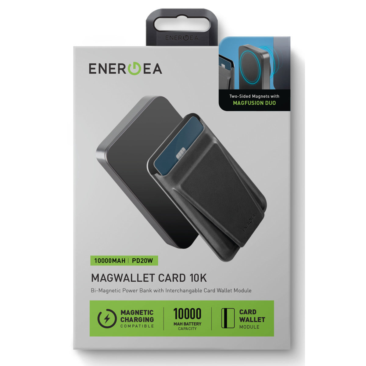 Energea MagWallet Card 10K 10.000 mAh 20W Type-C ve 15W Kablosuz Şarj Çıkışlı Ekstra Stant Özellikli Magsafe Kartlıklı PD Hızlı Şarj Magsafe Powerbank
