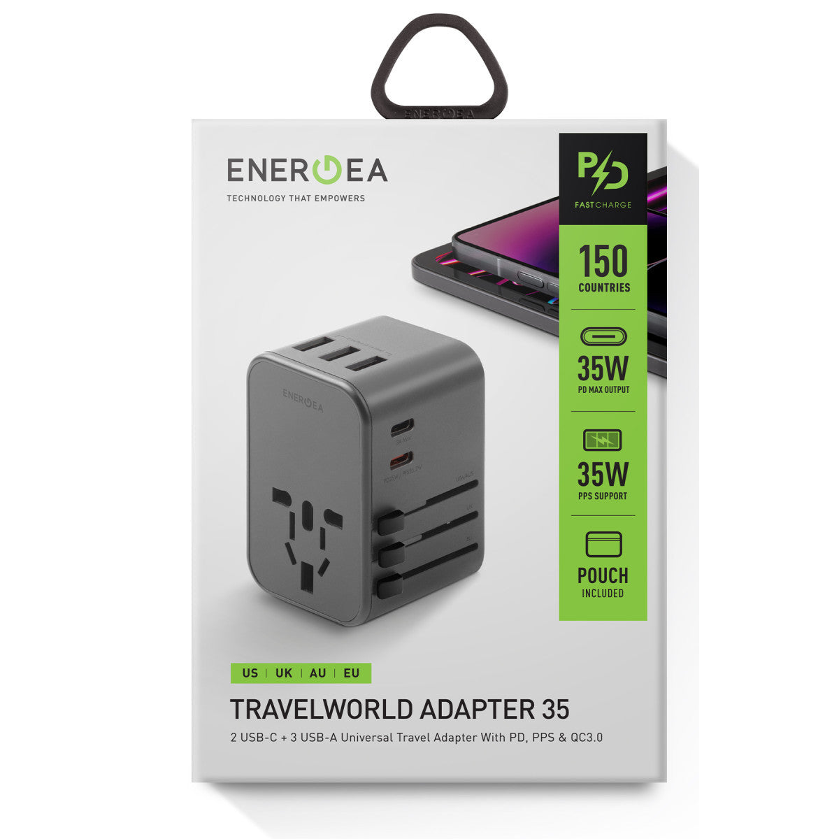 Energea TravelWorld 35 Universal 1 Adet 35W Type-C 1 Adet 15W Type-C ve 3 Adet 12W USB Çıkışlı PD Hızlı Şarj Aleti