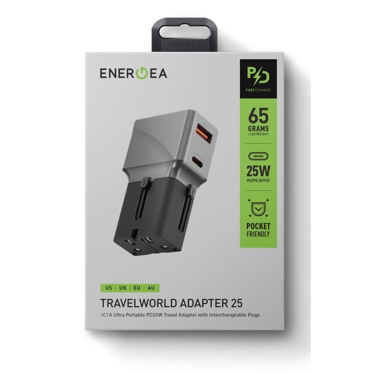 Energea TravelWorld Universal 1 Adet 25W Type-C ve 1 Adet 18W USB 3.0 Çıkışlı Hızlı Şarj Aleti