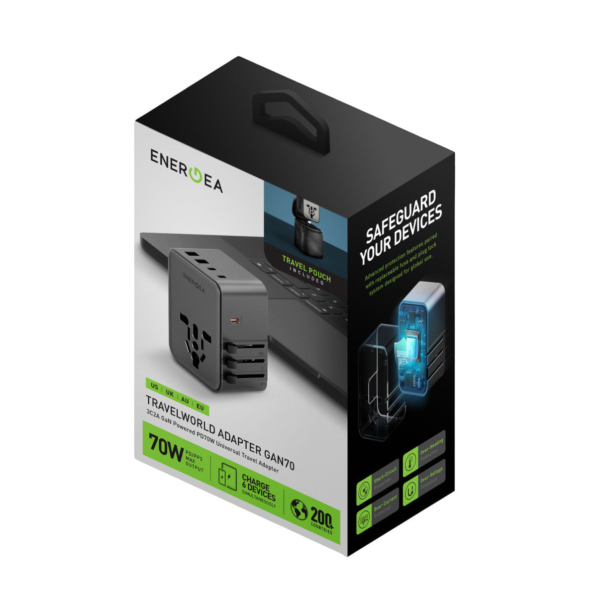 Energea TravelWorld Universal GaN70 1 Adet 70W Type C 2 Adet 15W Type C ve 2 Adet 15W USB Çıkışlı PD Hızlı Şarj Aleti