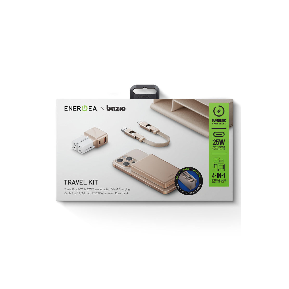 Energea X Bazic Travel Kit Universal TravelWorld 25W Adaptör AluPac 10.000 mAh Powerbank ve AluCable 15 CM 60W USB to Lightning Kablolu Set Travel Çanta