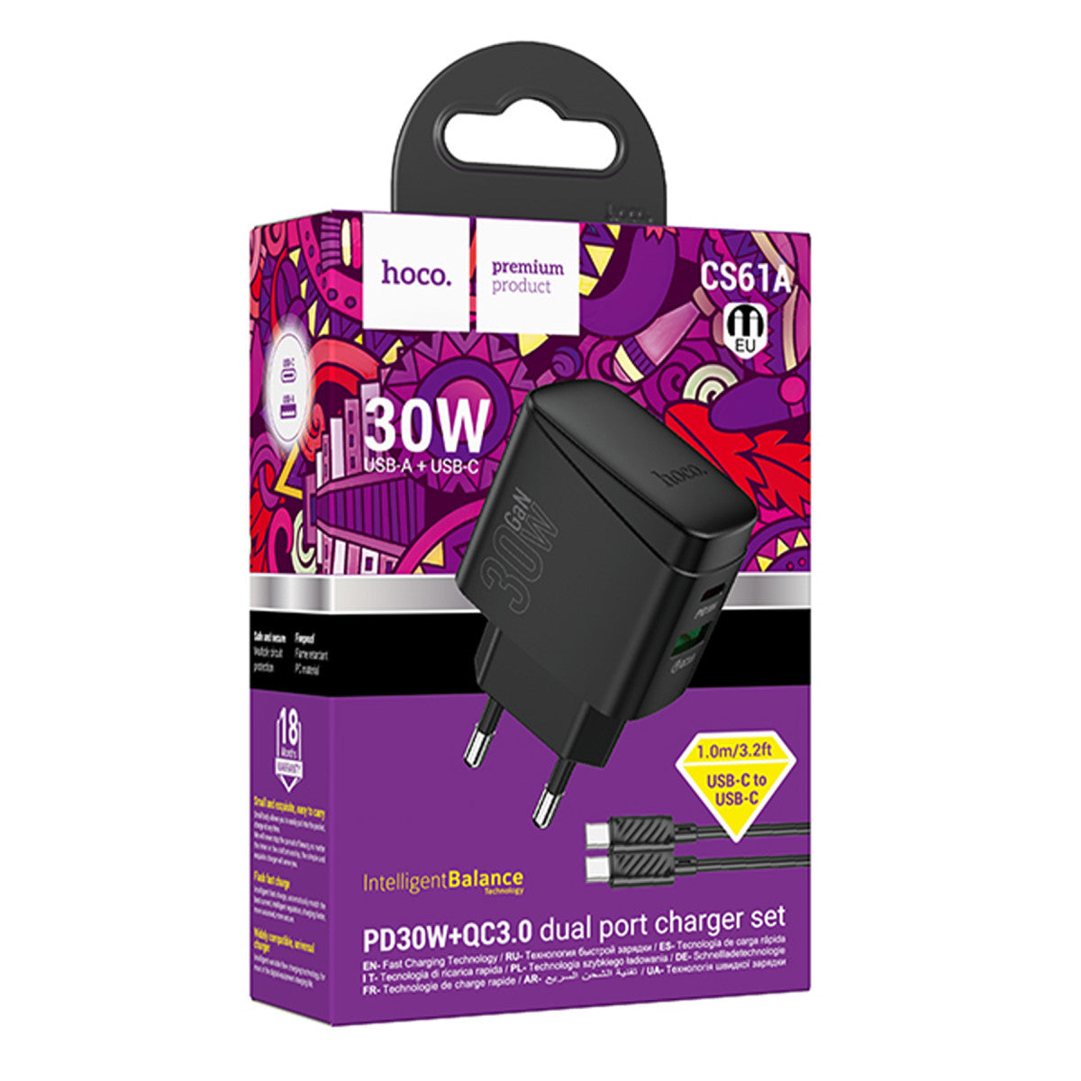 Hoco. CS61A Bright 30W 1 Adet Type-C ve 1 Adet USB 3.0 QC Çıkışlı Ekstra Type-C to Type-C Kablolu PD Hızlı Şarj Aleti