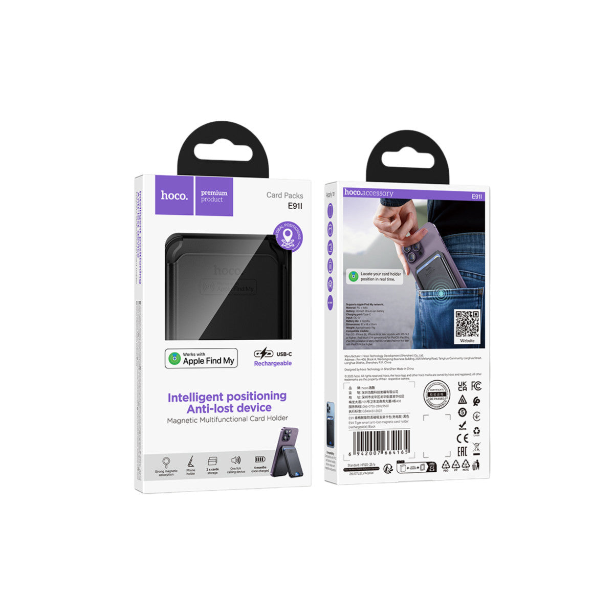 Hoco. E91I Tiger Smart Apple Find My Özellikli Kablosuz Şarj Destekli Magsafe Kartlık