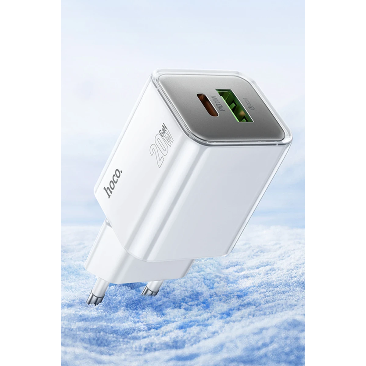 Hoco. N46 Glorious 1 Adet Type-C ve 1 Adet USB Çıkışlı Ekstra Type-C to Type-C Kablolu 20W PD Hızlı Şarj Aleti - Beyaz
