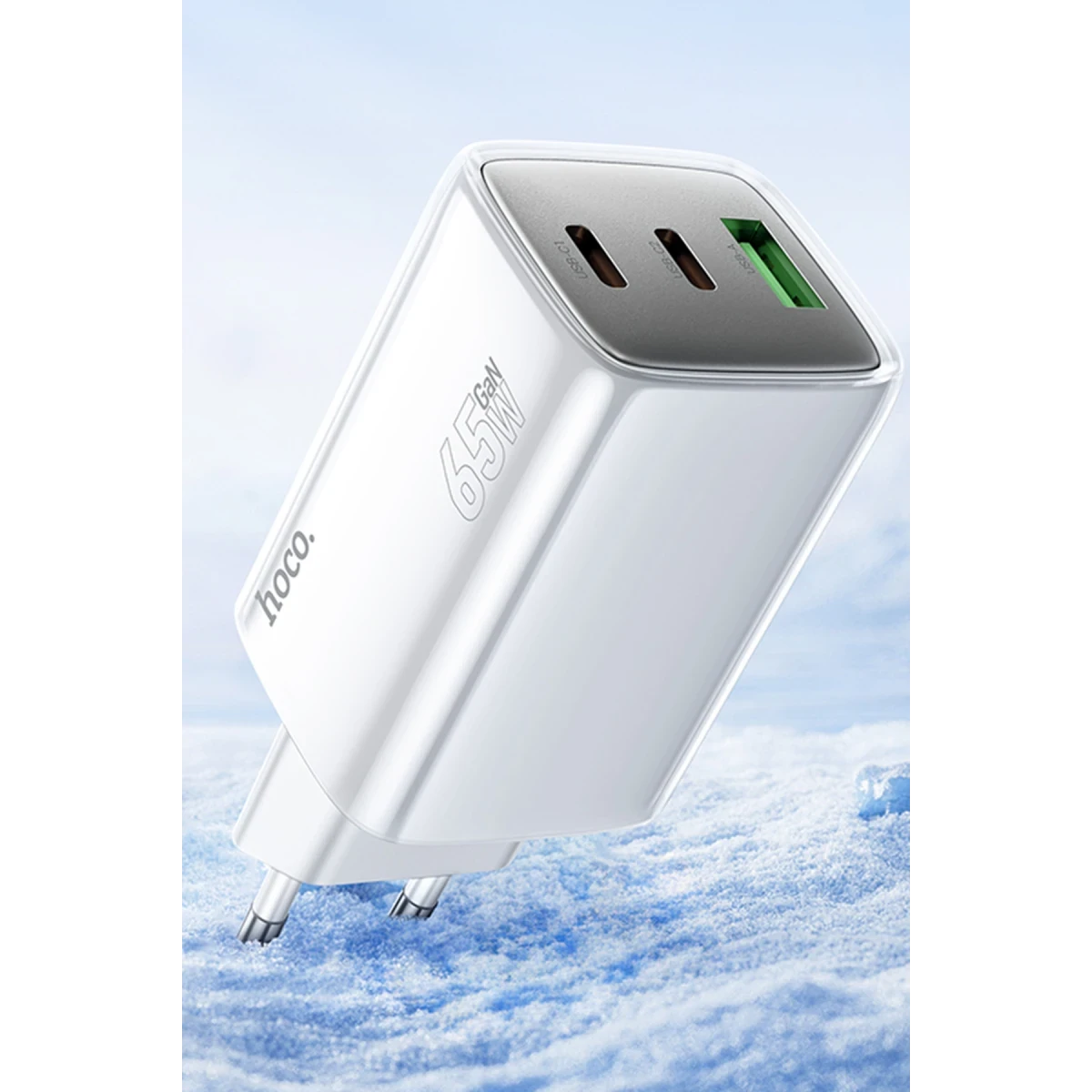 Hoco. N49 Glorious 2 Adet Type-C ve 1 Adet USB Çıkışlı Ekstra Type-C to Type-C Kablolu 65W PD Hızlı Şarj Aleti - Mavi