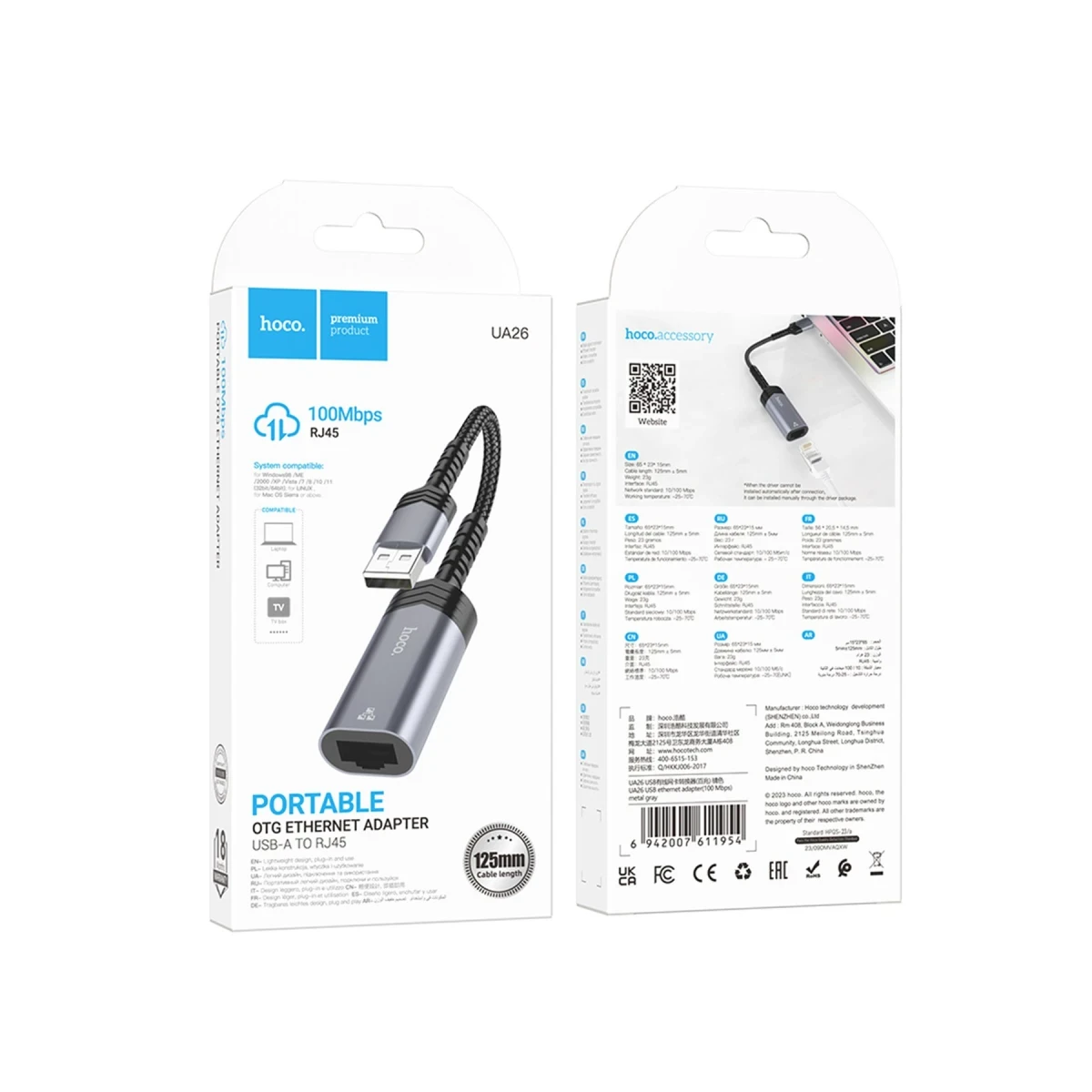 Hoco. UA26 Tak Çalıştır USB to RJ45 100 Mbps Ethernet Dönüştürücü - Gri