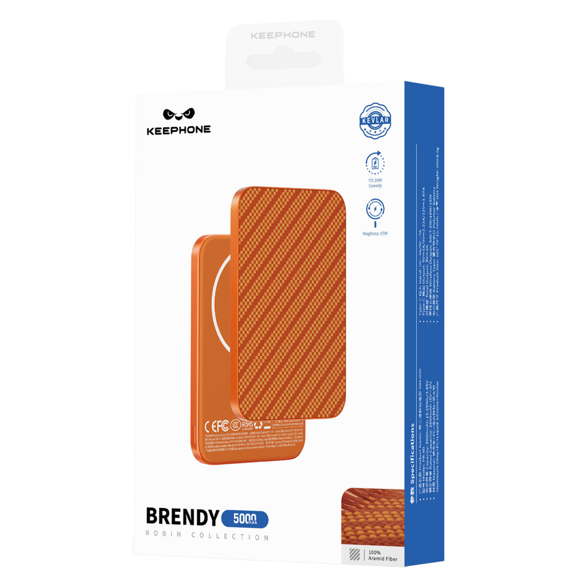 Keephone PB50 Brendy Kevlar 5.000 mAh 20W Type-C ve 15W Kablosuz Şarj Destekli Magsafe Powerbank