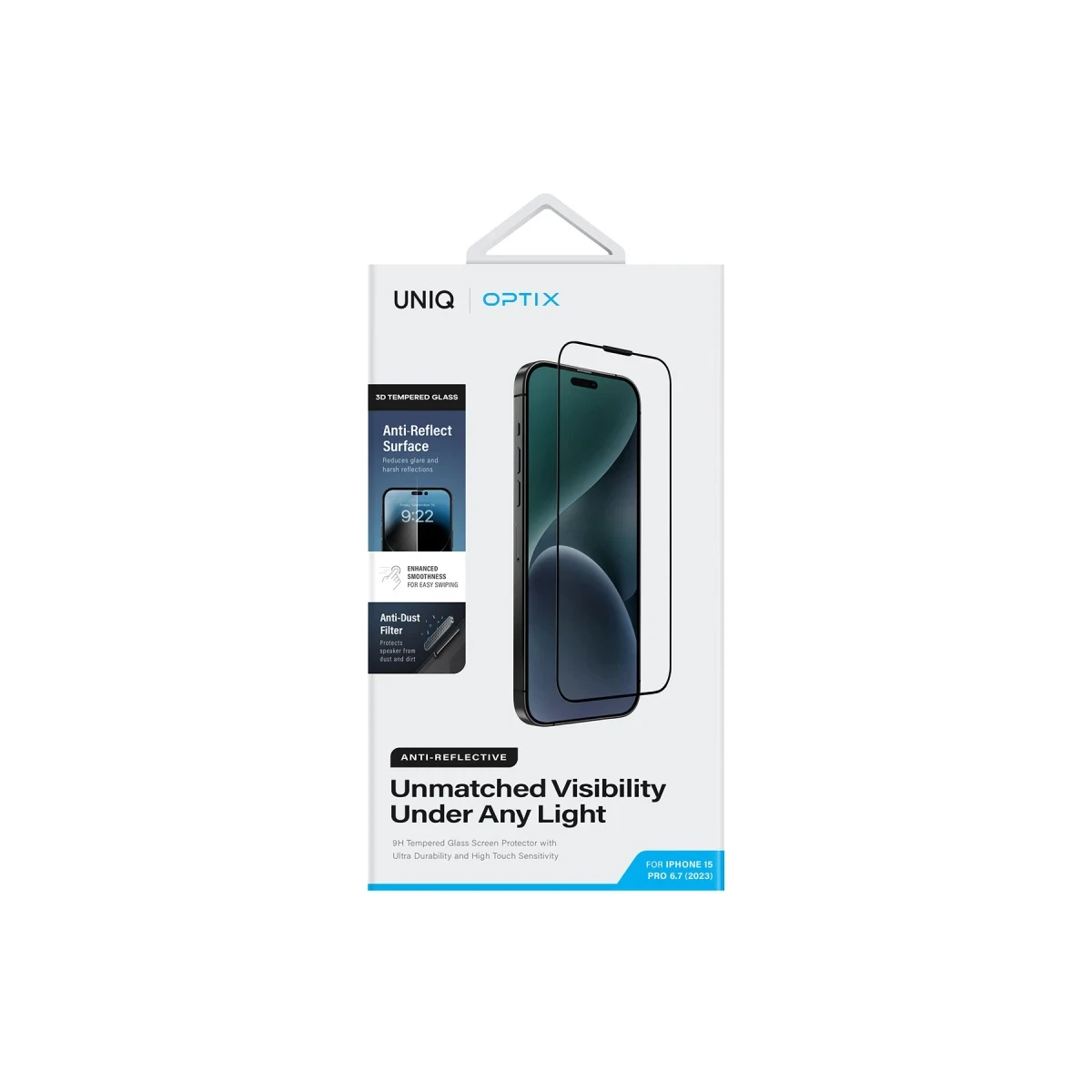 Uniq Apple iPhone 15 Pro Optix Anti Reflective Cam Ekran Koruyucu - Siyah
