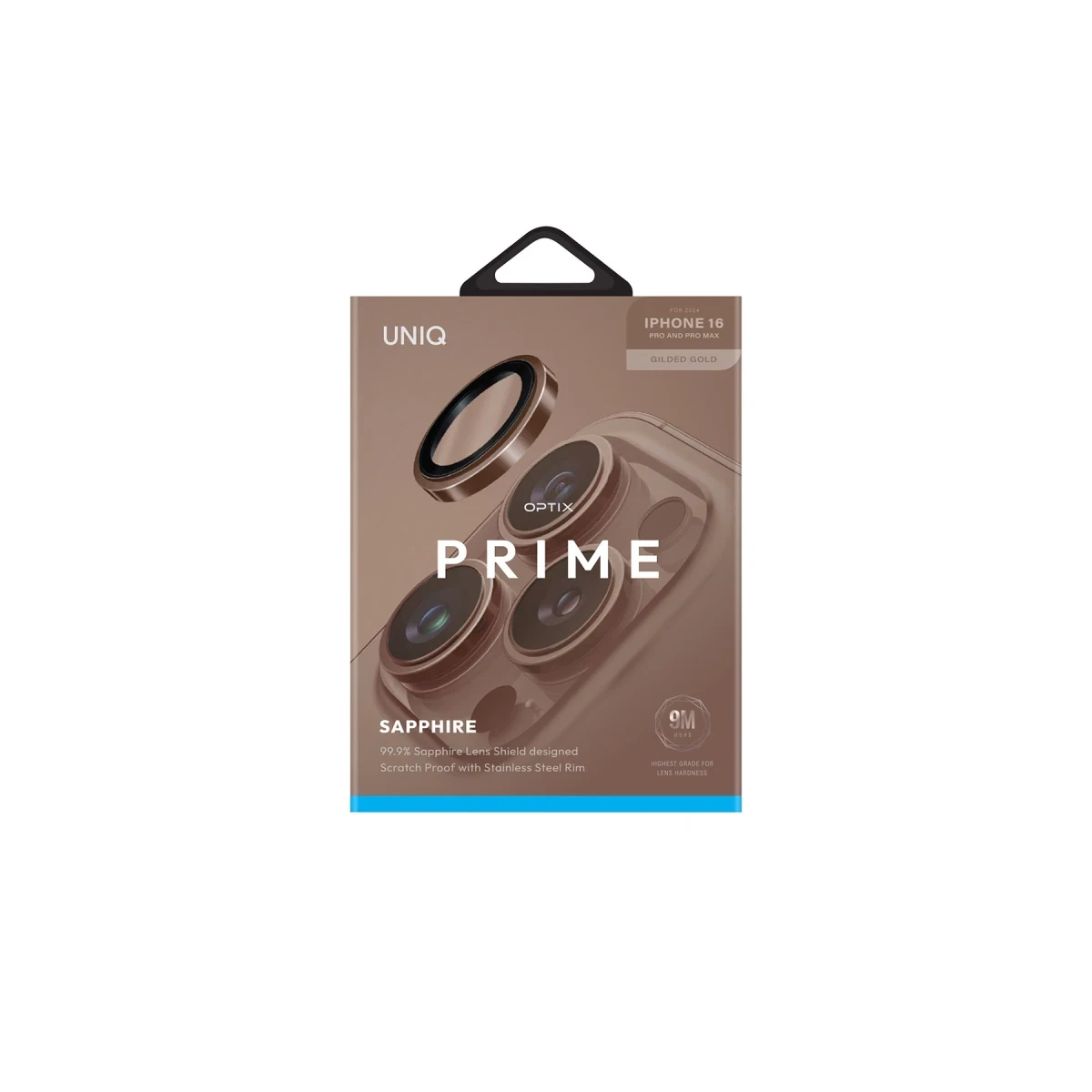 Uniq Apple iPhone 16 Pro Max Optix Çelik Çerçeveli Sapphire Kamera Lens Koruyucu - Gold