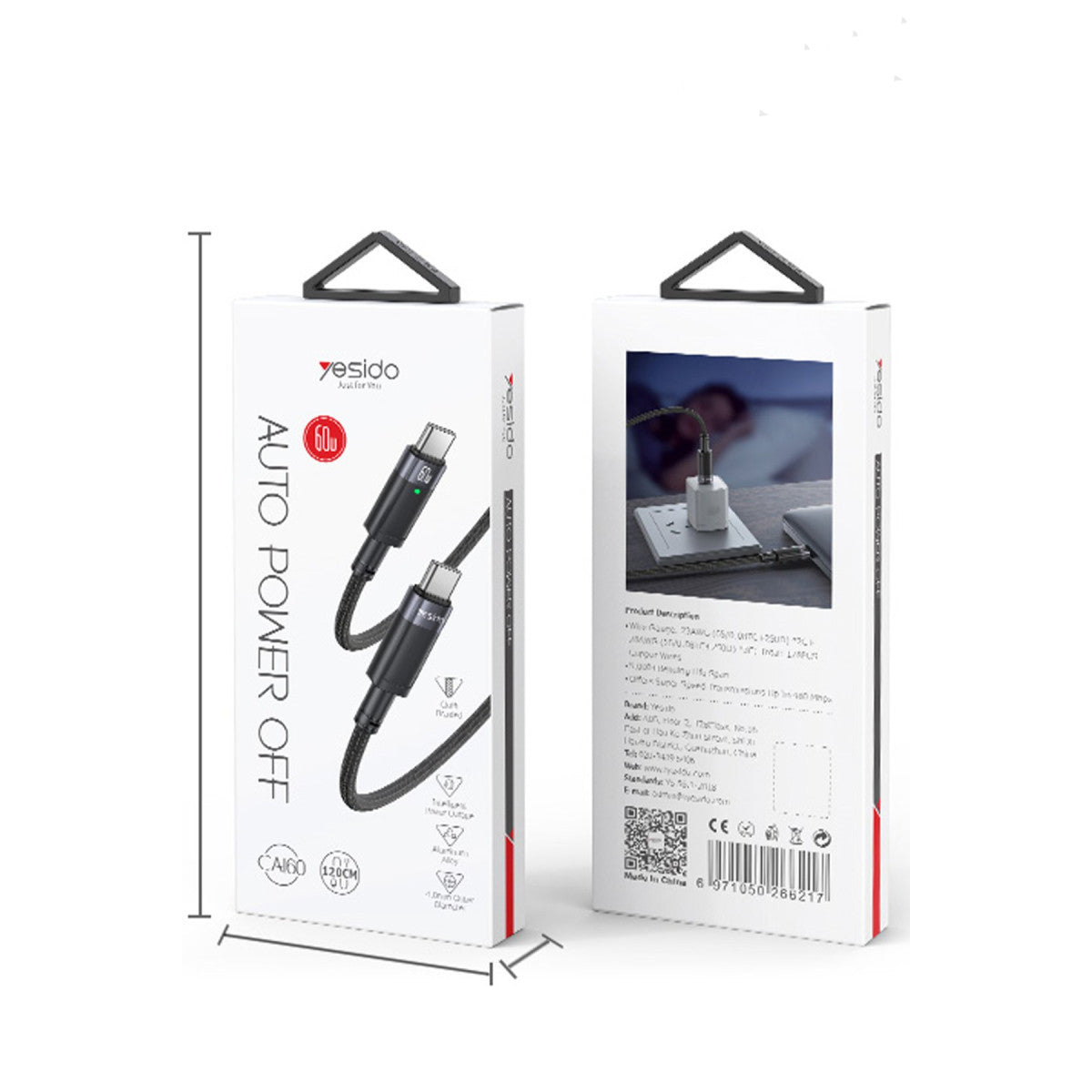 Yesido CA160 1.2M 60W Type-C to Type-C Otomatik Şarj Kesme Özellikli PD Hızlı Şarj Kablosu