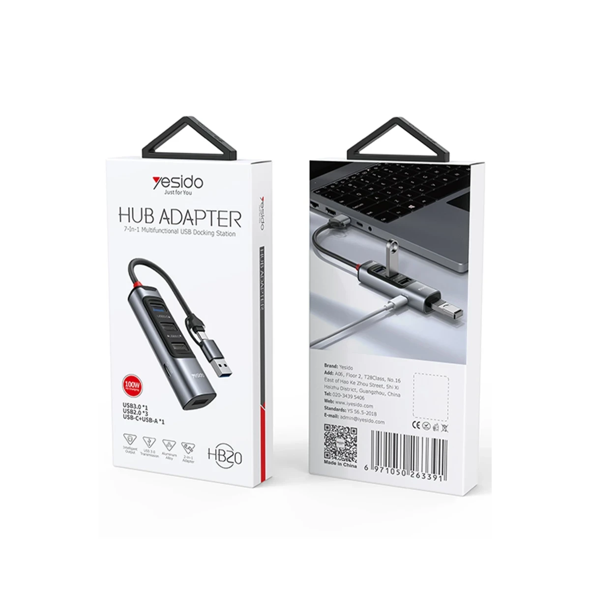 Yesido HB20 5in1 1 Adet USB 3.0 / 2 Adet Usb 2.0 / 1 Adet 100W Type-C Çıkışlı Usb ve Type-C Girişli Hub Dönüştürücü - Siyah