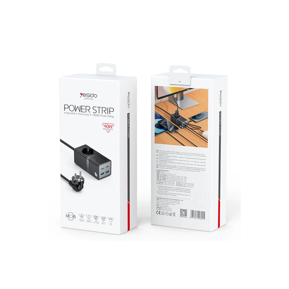 Yesido MC35 2500W 1.5M Ekstra 2 Adet 18W USB ve 2 Adet 20W Type-C Çıkışlı Priz Uzatıcı - Siyah