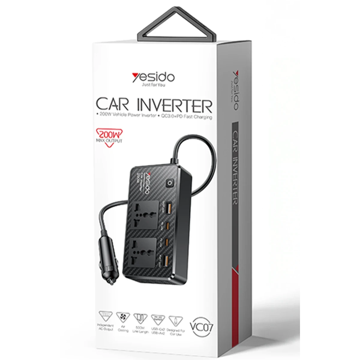 Yesido VC07 200W AC 220V Çıkışlı PD Destekli 4 Portlu Araç İçi Güç Dönüştürücü - Siyah
