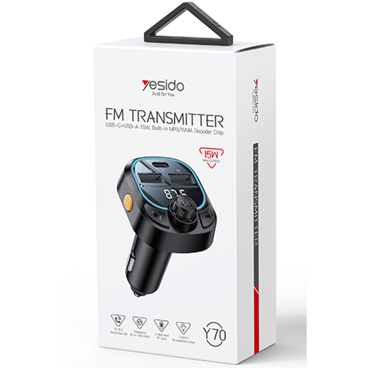 Yesido Y70 RGB 1 Adet 15W Type-C ve 1 Adet 15W USB Çıkışlı BT 5.3 FM Transmitter