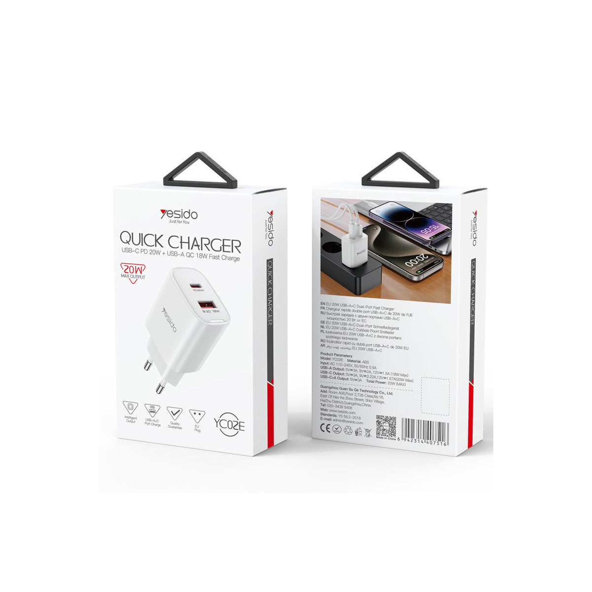 Yesido YC02E 20W Type-C ve 18W QC 3.0 USB Çıkışlı PD Hızlı Şarj Cihazı