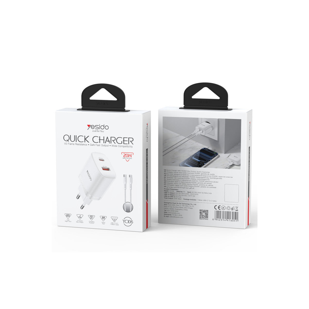 Yesido YC106 20W USB-A ve Type-C Çıkışlı Type-C to Type-C Kablolu PD Şarj Cihazı