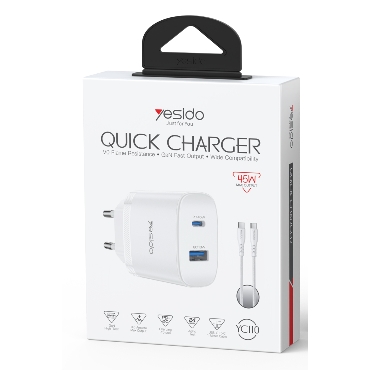 Yesido YC110 45W USB-A ve Type-C Çıkışlı 1M Type-C to Type-C Kablolu PD Hızlı Şarj Cihazı