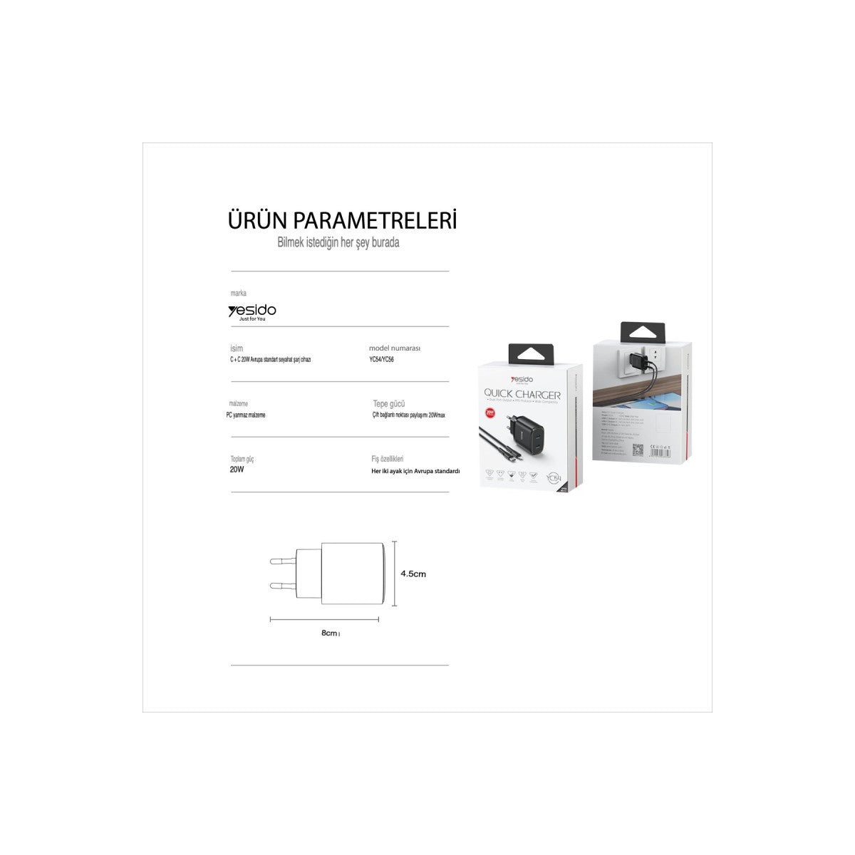 Yesido YC54 2 Adet 20W Type-C Çıkışlı ve 1M 27W Type-C to Lightning Kablolu PD Şarj Cihazı