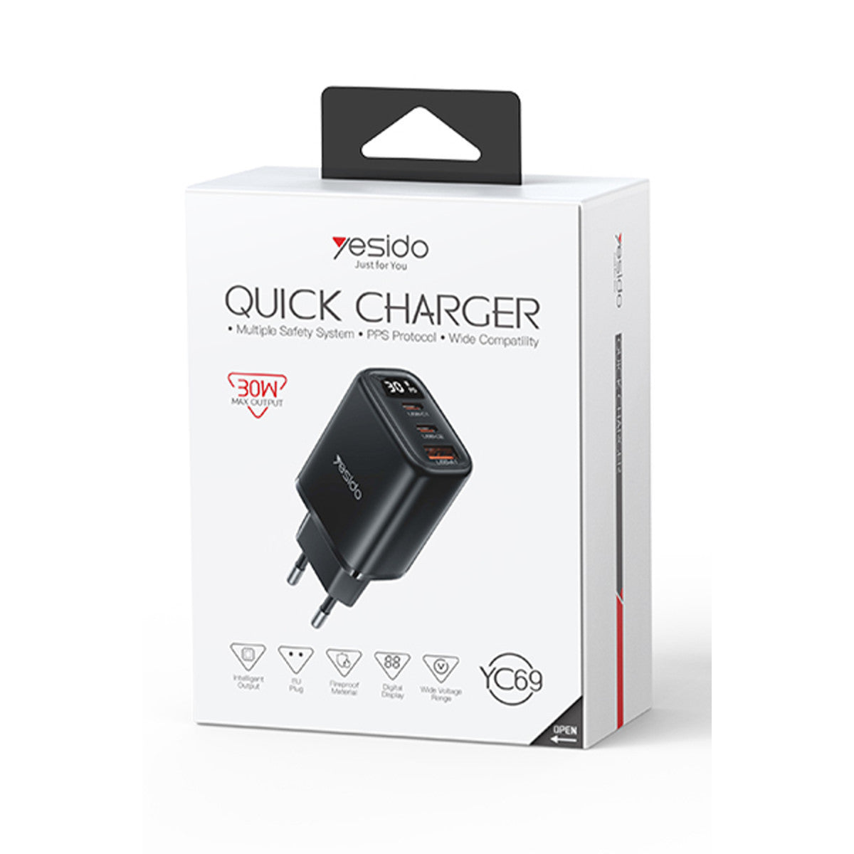 Yesido YC69 Dijital Göstergeli 1 Adet 30W USB ve 2 Adet 30W Type-C Çıkışlı PD Hızlı Şarj Cihazı