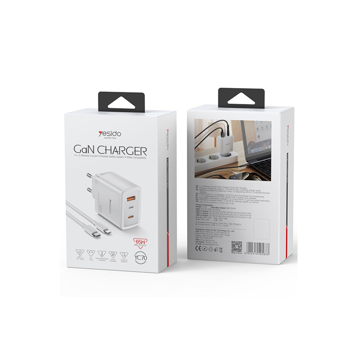 Yesido YC70 1 Adet 65W Type-C / 1 Adet 30W USB ve 1 Adet 45W Lightning Çıkışlı Ekstra 2M Type-C to Ligtning Kablolu GAN Hızlı Şarj Cihazı