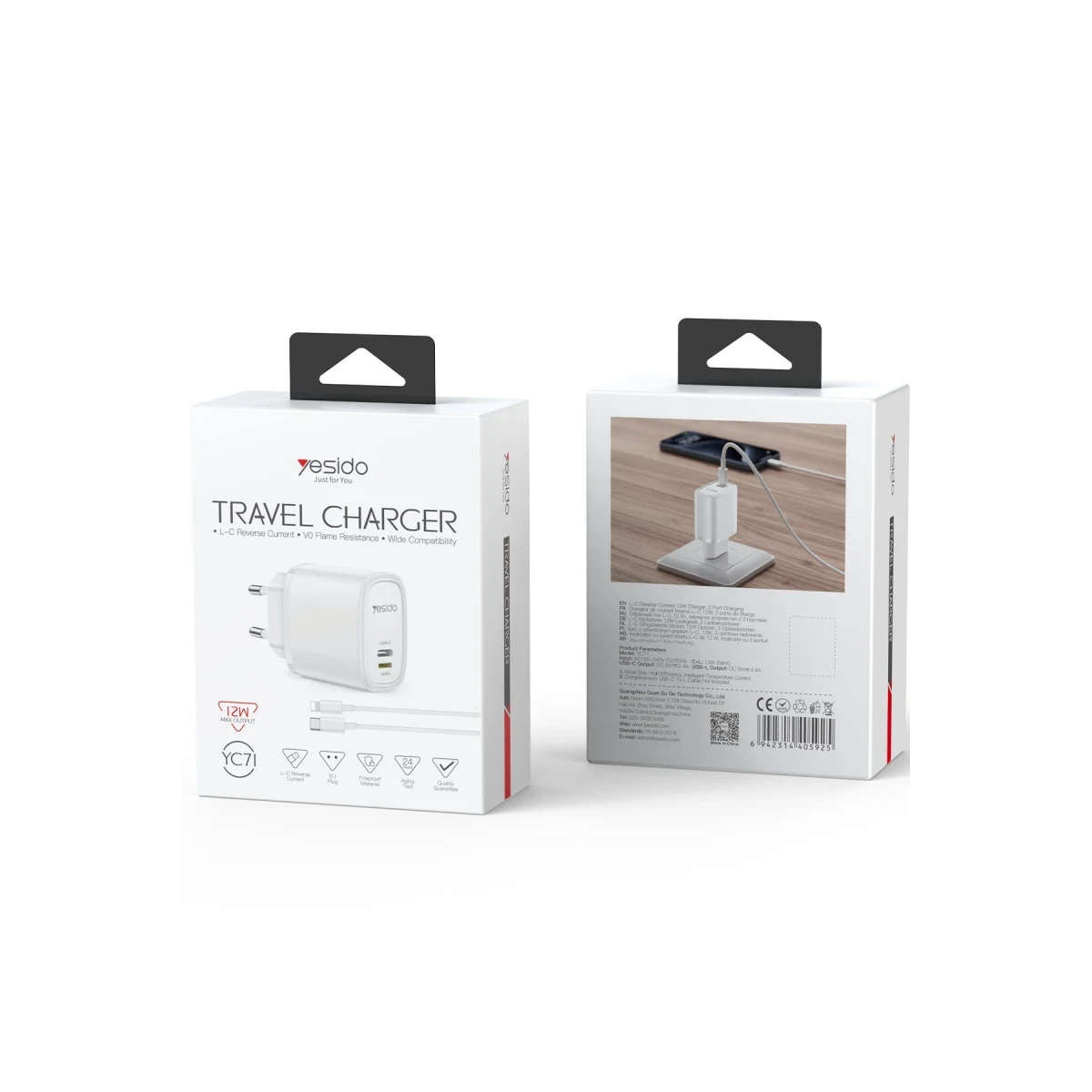 Yesido YC71 1 Adet 12W Type-C ve 1 Adet 12W Lightning Çıkışlı Ekstra 1M Type-C to Ligtning Kablolu PD Hızlı Şarj Cihazı - Beyaz