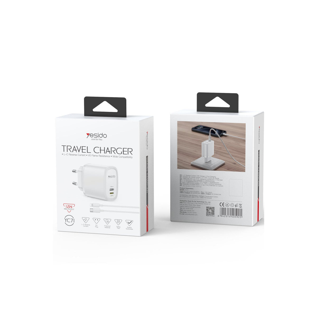 Yesido YC71 1 Adet 12W Type-C ve 1 Adet 12W Lightning Çıkışlı Ekstra 1M Type-C to Ligtning Kablolu PD Hızlı Şarj Cihazı