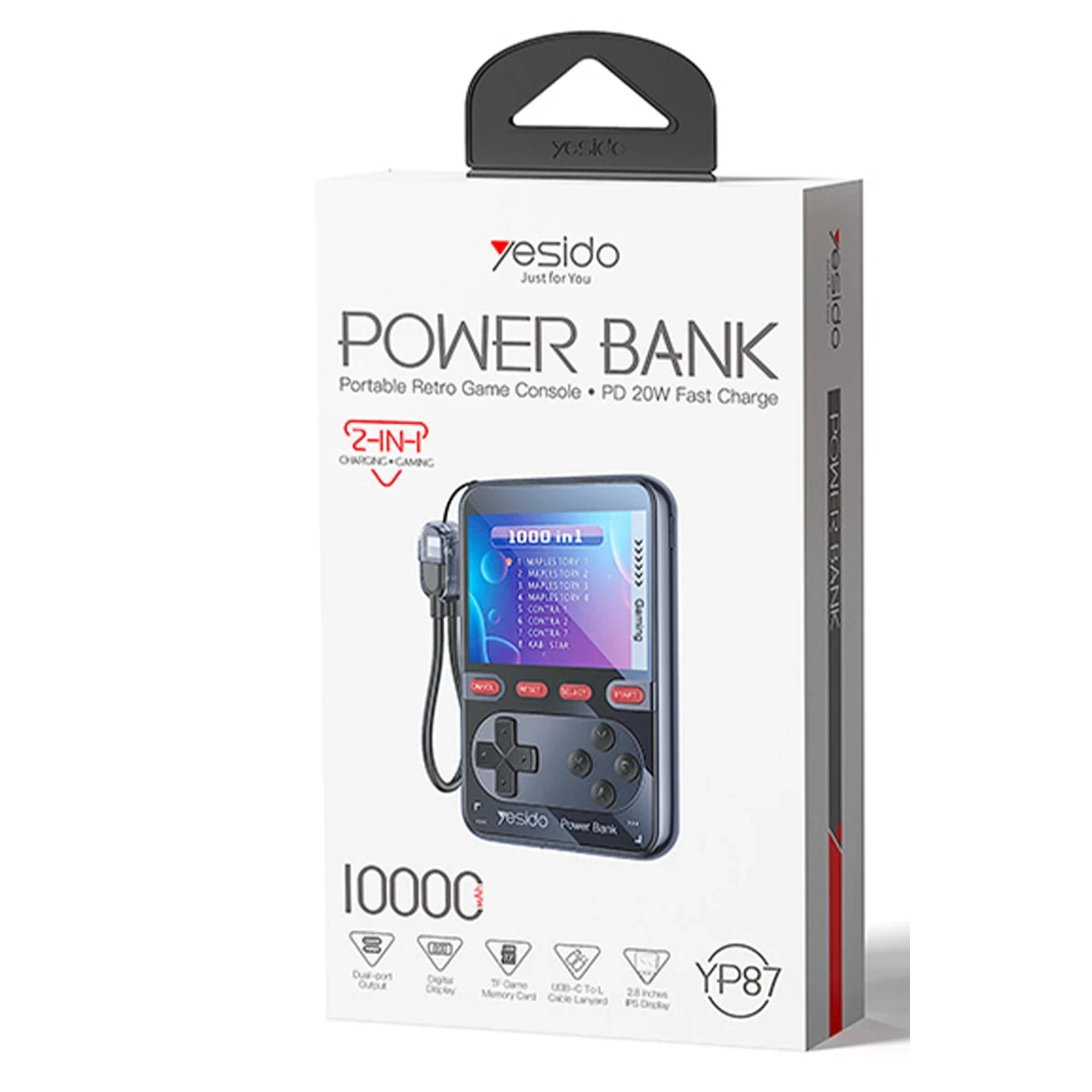 Yesido YP87 Dahili Retro Oyun Konsollu 10.000 mAh 2in1 20W PD Hızlı Şarj Powerbank - Siyah