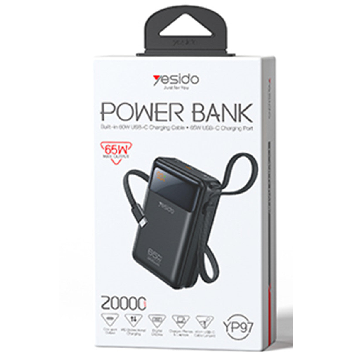 Yesido YP97 Dijital Göstergeli 20.000 mAh 65W Hızlı Şarj Destekli Dahili Type C Kablolu Laptop Şarj Edebilir Powerbank