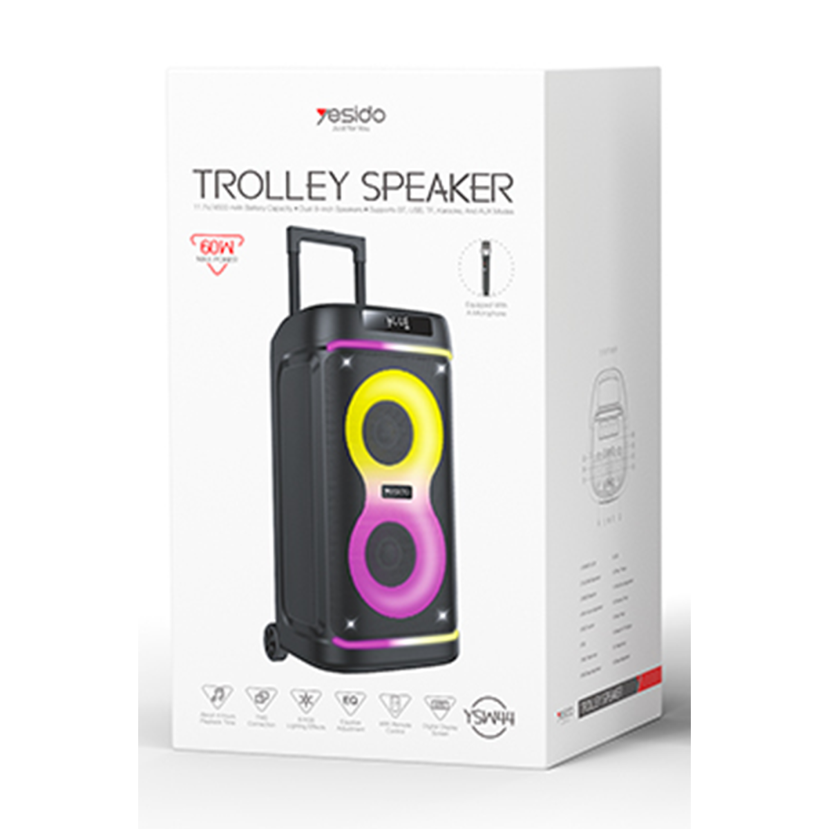 Yesido YSW44 Taşınabilir 60W Çift 8 Hoparlörlü RGB Işıklı Tekerlekli Bluetooth Hoparlör