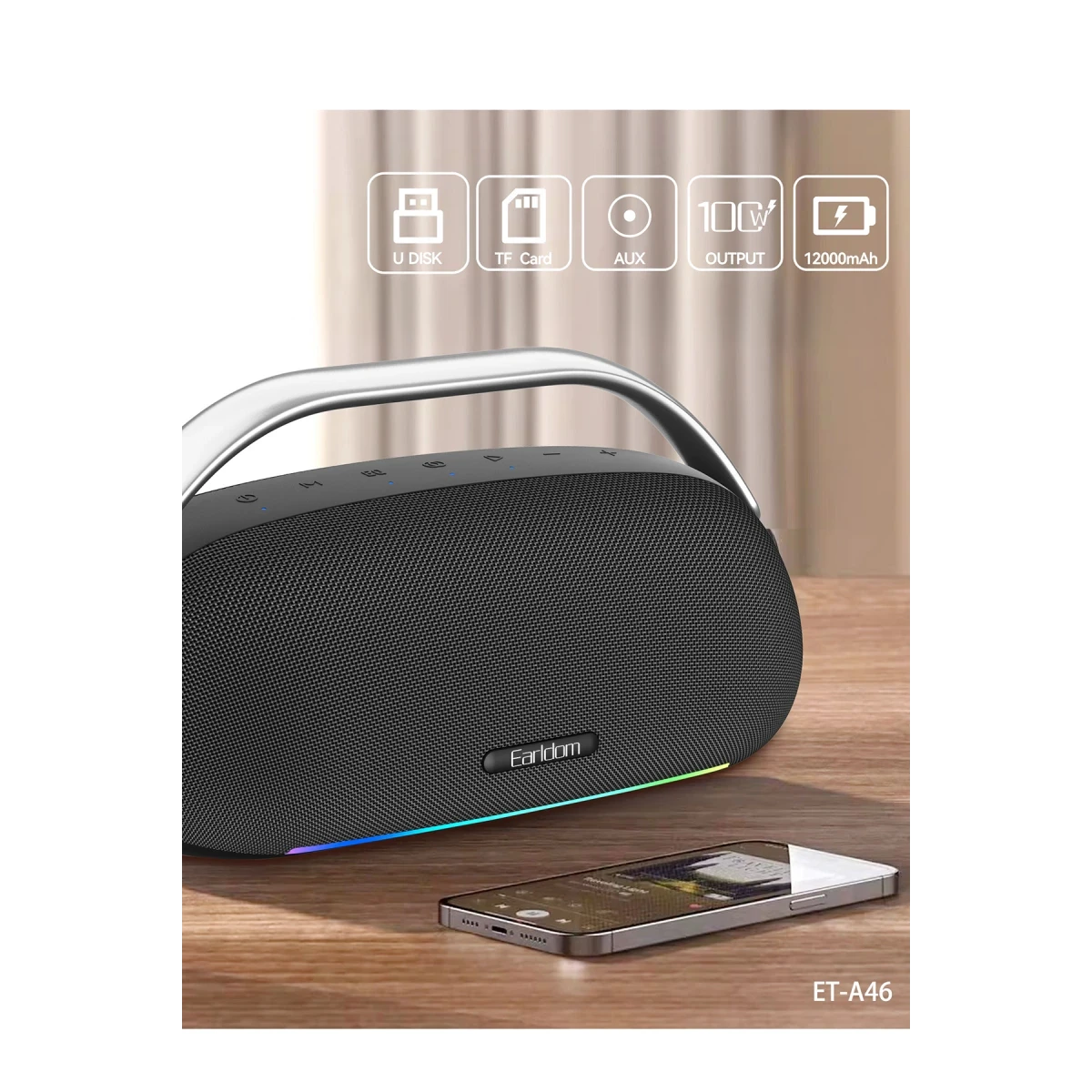 Earldom A46 100W 12000mAh Batarya Kapasiteli Suya ve Toza Dayanıklı BT 5.3 Kablosuz Hoparlör - Siyah