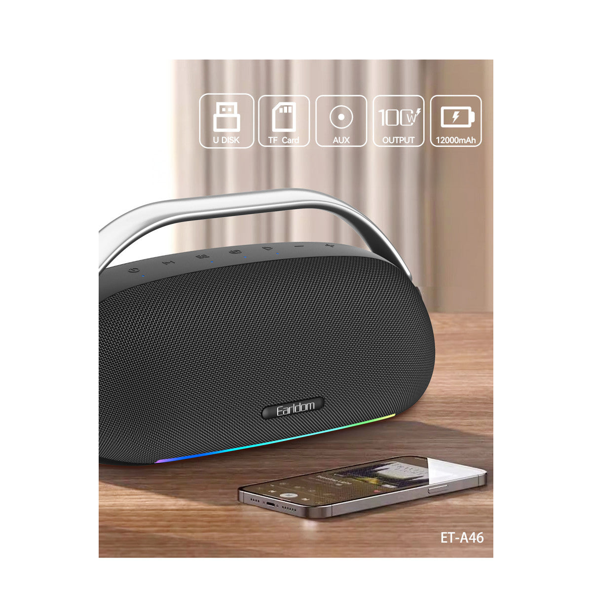 Earldom A46 100W 12000mAh Batarya Kapasiteli Suya ve Toza Dayanıklı BT 5.3 Kablosuz Hoparlör