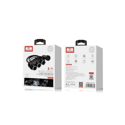 Earldom CS1 120W Dijital Voltaj Göstergeli 3 Adet Çakmaklık ve 2 Adet USB Çıkışlı PD Hızlı Araç Şarj - Siyah